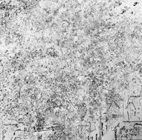 a black and white photo of a painting on a wall